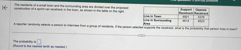 The residents of a small town and the surrounding area are divided over the proposed 
construction of a sprint car racetrack in the town, as shown in the table on the right. 
A reporter randomly selects a person to interview from a group of residents. If the person selwhat is the probability that person lives in town? 
The probability is □. 
(Round to the nearest tenth as needed.)