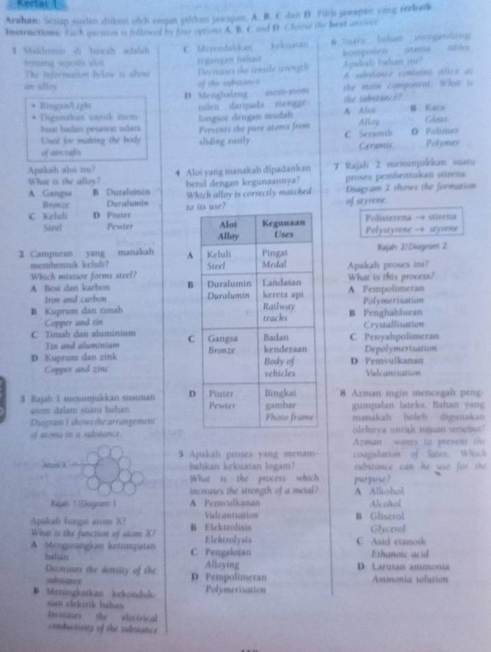 Kerías 1
Arahan: Sctiap soalan dukn olch empat ytlthan jawspan. A. B. C dan D. Fiths jawapan yang teehatk
Instructions: Each quettion is fellowed by fast options A. B. C and D. Chome the hest anere
I Makdumat di hawzh adalah C Myrendalikan Ielnatan # Suaru  bohan uiengabtng stfilez
moning sjents ald regangan hāhai komponeo utema
The inferosation hlow is alou Decreases the censile scrength Apadoak hadun 199?
o; ally of thir substance A substaner contains allca as
D Menghalang atem-atom the main component. What is
Singn/Light sulen darpada mengge the substanc??
Digunskan ontok mem longsor dengan mudah A Alos Koce
huse badan pesawat udar Prevenis the pure atams from Allay Glaas
Used for making the body sliding casily C Seramil D Folmer
of airerafts Ceramic Polymer
Apakah aloi iu?
4 Aloi yang manakah dipadankan  7 Rajah 2 menunjüldka suan
What is the alloy? betul dengan kegunaannya? proses pemhentukan stirena
A Gangsa B Duralumin Which alloy is correctly matched Diagram 2 shows the formation
Bro28 Duralumin
C. Keluli D Piuter tof sayrene.
Steel Pewter  Polisterena - stizena
Polystyrene → styrene
2 Campuran yang manakah A Rajah Z/Diognim 2
membentuk-keluli? Apakah proses ini?
Which mixture forms steel?What is this process?
A Besi dan karbon 
Iron and carbon  A Pempolimeran
Polymerisation
B Kuprum dan timahB. Penghabluran
Copper and tinCrystallisation
C Timah dan aluminium C Penyahpolimeran
Tin and aluminium  Depolymerisation
D Kuprum dan zink D Pemvulkanan
Copper and zinc  Vulcanisation
3 Rajah 1 mcnonjukkan susunan 8 Azman ingin mencegah peng
atom dalam suan hahan. gumpalan lateks. Bahan yang
Thagram I shows the arrangement manakah boleh digunakan
of atoms in a substance.olehaya untih tujan terscbut?
Agmian wants to prevent the
5 Apakah proses yang menans coagulation of lates Which
Aam bahkan kekuatan logam? substance can he use for the
What is the process which purpose ?
increases the strength of a metal? A Allohol
Bajan 1/Diagram 1 A Pemvulkanan Alcohal
Vulcanisation B Gliserol
Apakah fungs atum X? B Elcktrolisis Glycerol
What is the function of atom X? Elektrolysis
C Asid etanoik
A Mengurangkm ketumpatan C Pengaloian Ethanoic acid
balan Alloying D. Larutan ammonia
Decreases the density of the D Pempolimeran
subsiance Ammonia solation
B  Mriingkatkan kekonduk Polymerisation
sian clekirk bahan
Incieases the electrical
conductieity of the substance