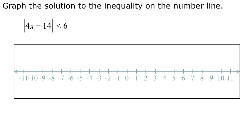 Graph the solution to the inequality on the number line.
|4x-14|<6</tex>