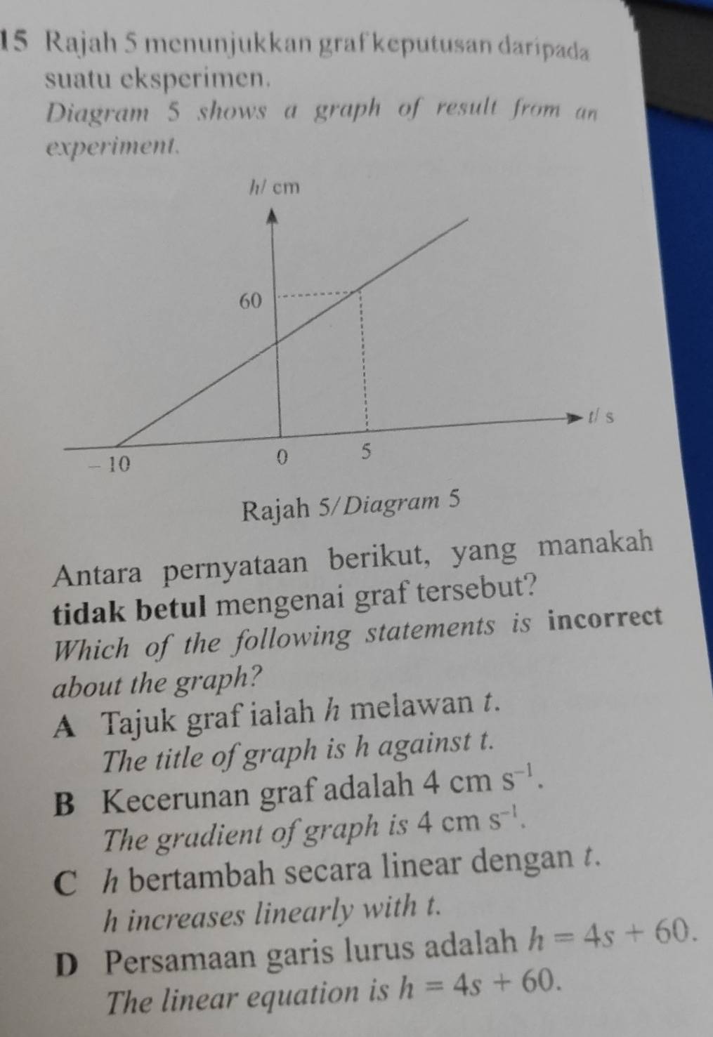 Rajah 5 menunjukkan graf keputusan daripada
suatu eksperimen.
Diagram 5 shows a graph of result from an
experiment.
Rajah 5/Diagram 5
Antara pernyataan berikut, yang manakah
tidak betul mengenai graf tersebut?
Which of the following statements is incorrect
about the graph?
A Tajuk graf ialah h melawan t.
The title of graph is h against t.
B Kecerunan graf adalah 4cms^(-1). 
The gradient of graph is 4cms^(-1).
C h bertambah secara linear dengan t.
h increases linearly with t.
D Persamaan garis lurus adalah h=4s+60. 
The linear equation is h=4s+60.