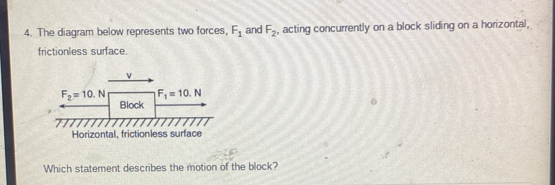 The diagram below represents two forces, F_1 and F_2 , acting concurrently on a block sliding on a horizontal,
frictionless surface.
Horizontal, frictionless surface
Which statement describes the motion of the block?