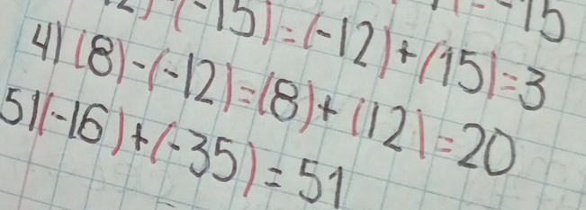 -15)=(-12)+(15)=3
T=-T5
4 (8)-(-12)=(8)+(12)=20
51 (-16)+(-35)=51