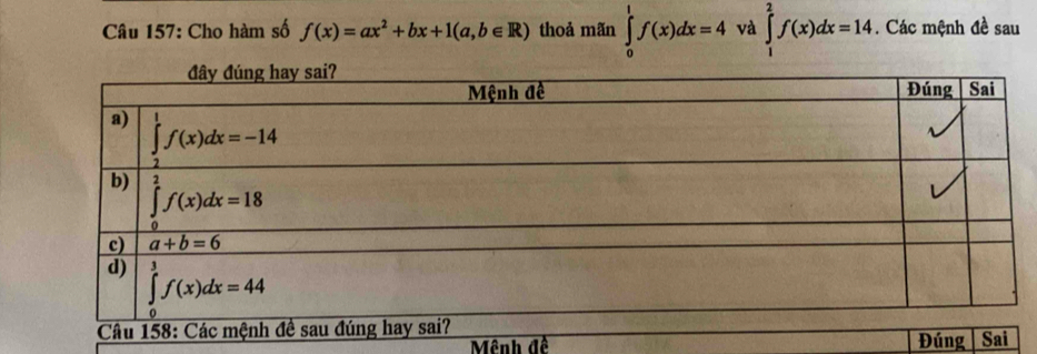 Cho hàm số f(x)=ax^2+bx+1(a,b∈ R) thoả mãn ∈tlimits _0^1f(x)dx=4 và ∈tlimits _1^2f(x)dx=14. Các mệnh đề sau
Sai
Mênh đề Đúng