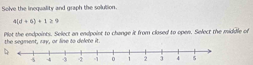 Solve the inequality and graph the solution.
4(d+6)+1≥ 9
Plot the endpoints. Select an endpoint to change it from closed to open. Select the middle of 
the segment, ray, or line to delete it.