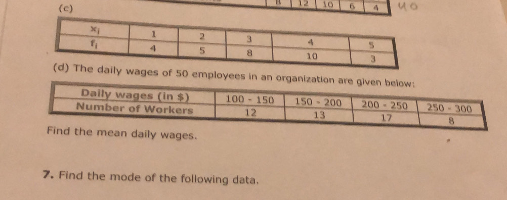 12 10
(c) 6 4
s of 50 employees in an organizati
the mean daily wages.
7. Find the mode of the following data.