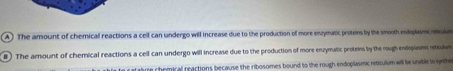 The amount of chemical reactions a cell can undergo will increase due to the production of more enzymatic proteins by the smooth endoplasmic reticulum 
8) The amount of chemical reactions a cell can undergo will increase due to the production of more enzymatic proteins by the rough endoplasmic reticulum 
o catalore chemical reactions because the ribosomes bound to the rough endoplasmic reticulum will be unable to synthe