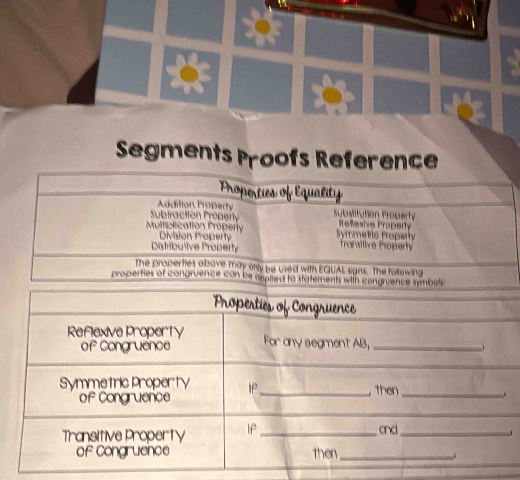 Segments Proofs Reference
Properties of Equality
Addition Property Substitutian Property
Subtraction Property Reflexive Properly
Multiplication Property Symmetric Properly
Division Properly fransitive Property
Distributive Property
The properties above may only be used with EQUAL signs. The following
properties of congruence can be applied to statements with 
.