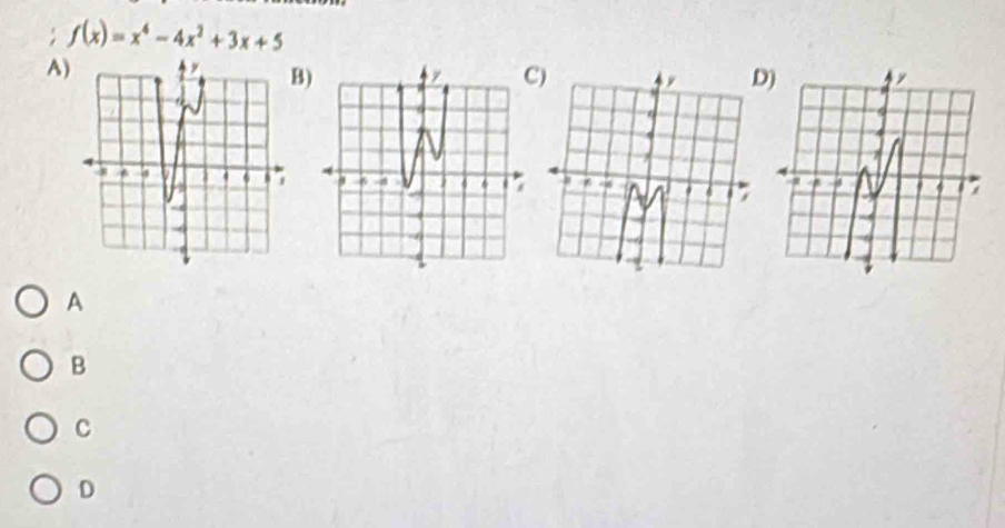 ;f(x)=x^4-4x^2+3x+5
A)

A
B
C
D