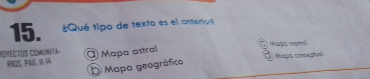 ¿Qué tipo de texto es el anterior?
C) Mapa mental
ROYECTOS COMUNITa- Mapa astral
RIOS, PAG. 11-14 @ Mapa conceptual
O Mapa geográfico