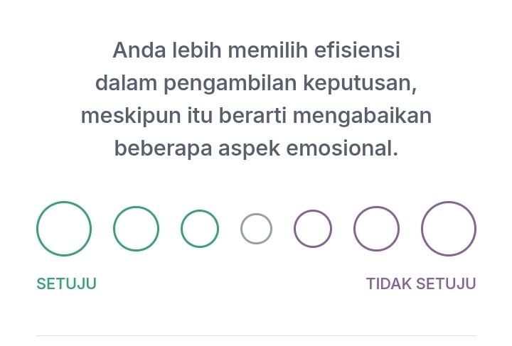 Anda lebih memilih efisiensi
dalam pengambilan keputusan,
meskipun itu berarti mengabaikan
beberapa aspek emosional.
SETUJU TIDAK SETUJU