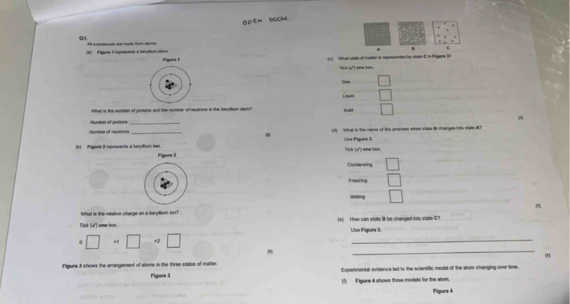 ap en bool
Q1. All substances are made from aloms. A . C
(i) Figure 1 represents a berylium alum,
Figure 1 (c) What state of matter is represented by state C in Figure 3?
Tick (√) one bax.
Gas □ 
Liquid
What is the number of protons and the number of neutrons in the beryllium atom? Solid □ 
Number of protons _(1)
_
(2) (d) What is the name of the process when state B changes into vlate A?
(b) Figure 2 represents a beryllium ion. Use Figure 3.
Figure 2 Tick (√) one tox.
Condensing □ 
Freazing □ 
Melting □ 
(1)
What is the relative charge on a beryflium ion?
Tick (√) one box. (e) How can state B be changed into state C
Use Figure 3.
。 □ +1 □ +2 □
_
(1)
_
(1)
Figure 3 shows the arrangement of atoms in the three states of maller.
Figure 3 Experimental evidence led to the scientific model of the atom changing over time.
(f) Figure 4 shows three models for the atom.
Figure 4