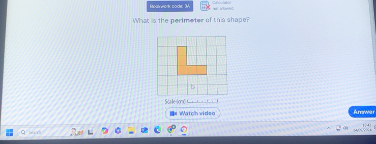 Bookwork code: 3A not allowed Calculator 
What is the perimeter of this shape? 
Scale (cm) 
Watch video Answer 
16:42 
24/ 
Q Search ?/2024