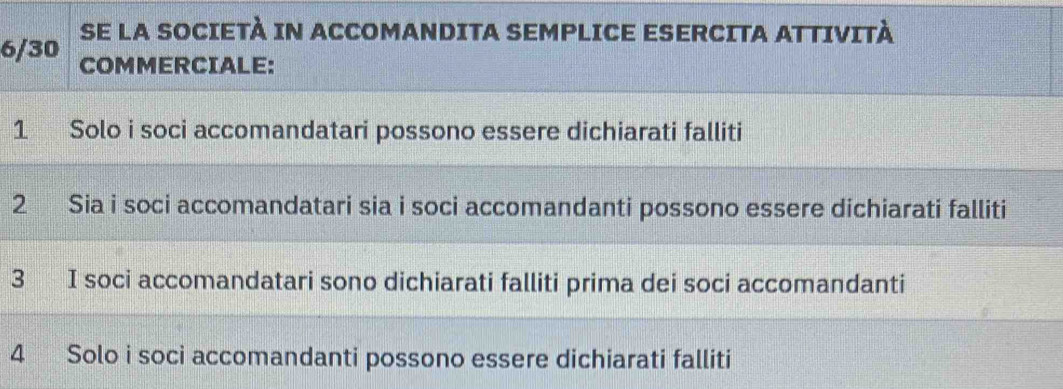 6/30 SE LA SOCIETÀ IN ACCOMANDITA SEMPLICE ESERCITA ATTIVITÀ 
COMMERCIALE: 
1 Solo i soci accomandatari possono essere dichiarati falliti 
2 Sia i soci accomandatari sia i soci accomandanti possono essere dichiarati falliti 
3 I soci accomandatari sono dichiarati falliti prima dei soci accomandanti 
4 Solo i soci accomandanti possono essere dichiarati falliti