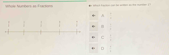 Whole Numbers as Fractions Which fraction can be written as the number 1?
A  0/2 
 0/2   1/2   2/2   3/2   4/2  B  1/2 
C  2/2 
D  4/2 