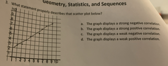 Geometry, Statistics, and Sequences
3. Whs that scatter plot below?
a. The graph displays a strong negative correlation.
b. The graph displays a strong positive correlation.
c. The graph displays a weak negative correlation.
d. The graph displays a weak positive correlation.