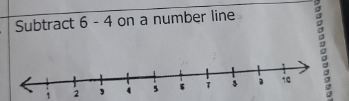 Subtract 6 - 4 on a number line 
1 
。