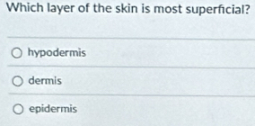 Which layer of the skin is most superfcial?
hypodermis
dermis
epidermis