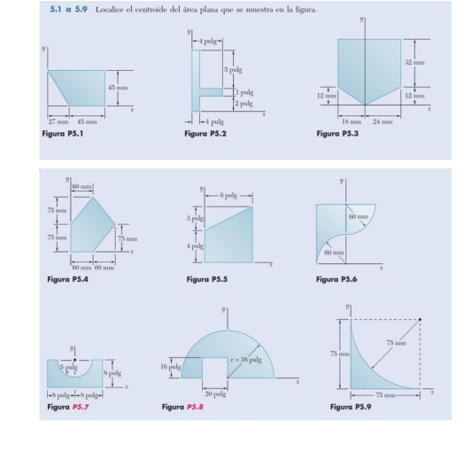 5.1 α 5,9 Localice el centroide del área plana que se muestra en la figura.
y
4F°
y 32 mm
5 pulg
45
P k 12 12 mm
2 pulg
7
27 mm 45 mm =1 pulg 18 mm 24 mm
Figura P5.1 Figura P5.2 Figura P5.3
y
9
9
60 mm 6 pulg
75 mm
3 pulg 60 mm
75 3 mm 4 pulg
Y
60
60 mm 60 r 
Figura P5.4 Figura P5.5 Figura P5.6
y
γ
r = 38 pulg
S palt 16 pulg 
. 
1 
| −$ pulg -|− $ pulg-| 20 pulg 
Figura P5.7 Figura P5.8