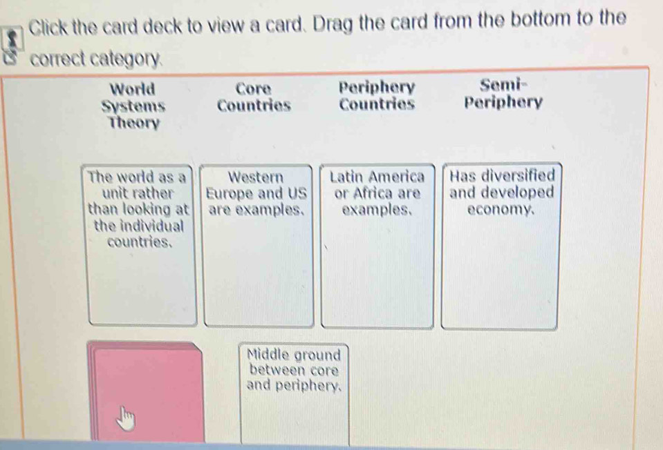 Click the card deck to view a card. Drag the card from the bottom to the
correct category.
World Core Periphery Semi-
Systems Countries Countries Periphery
Theory
The world as a Western Latin America Has diversified
unit rather Europe and US or Africa are and developed
than looking at are examples. examples. economy.
the individual
countries.
Middle ground
between core
and periphery.