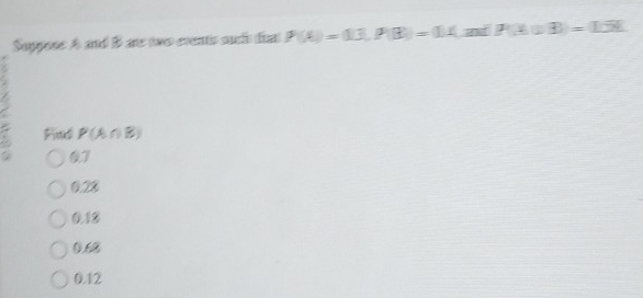 Suppose A and B are two events such fhat P(A)=(13,P(B)=0.4 ad P(1=3)=(15)
Find P(A∩ B)
07
0.28
0.18
0.6
0.12