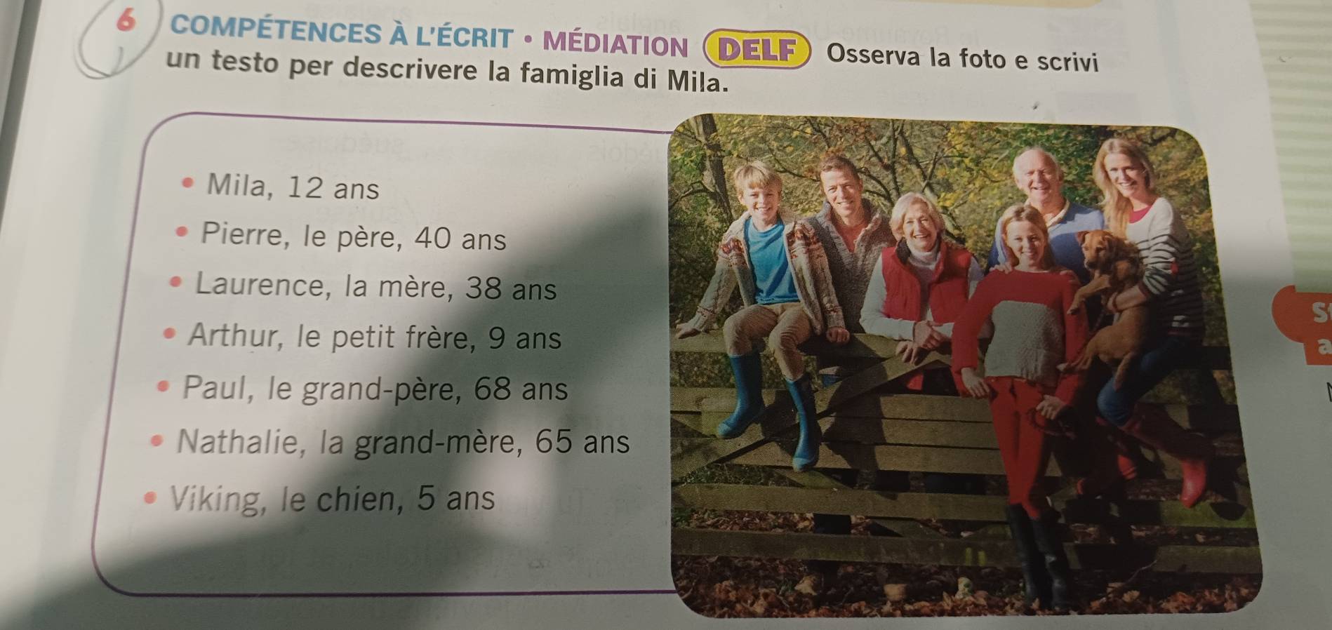 COMPÉTENCES À L'ÉCRIT • MÉDIATION (DELF) Osserva la foto e scrivi
un testo per descrivere la famiglia di Mila.
Mila, 12 ans
Pierre, le père, 40 ans
Laurence, la mère, 38 ans
S
Arthur, le petit frère, 9 ans a
Paul, le grand-père, 68 ans
Nathalie, la grand-mère, 65 ans
Viking, le chien, 5 ans