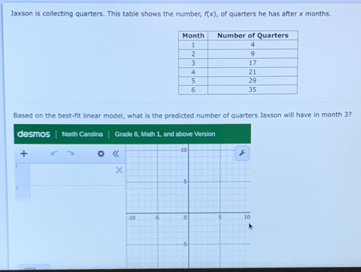 Jaxson is collecting quarters. This table shows the number, f(x) , of quarters he has after x months. 
Based on the best-fit linear model, what is the predicted number of quarters Jaxson will have in month 3? 
desmos North Carolina Grade 8, Math 1, and above Version 
+ 
× 
2