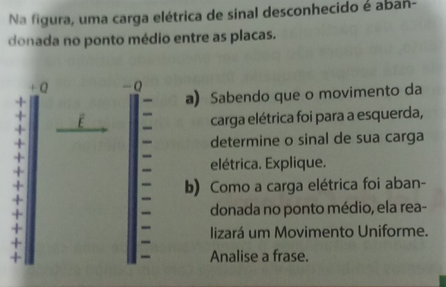 Na figura, uma carga elétrica de sinal desconhecido é aban- 
donada no ponto médio entre as placas. 
a) Sabendo que o movimento da 
carga elétrica foi para a esquerda, 
determine o sinal de sua carga 
elétrica. Explique. 
b) Como a carga elétrica foi aban- 
donada no ponto médio, ela rea- 
lizará um Movimento Uniforme. 
Analise a frase.