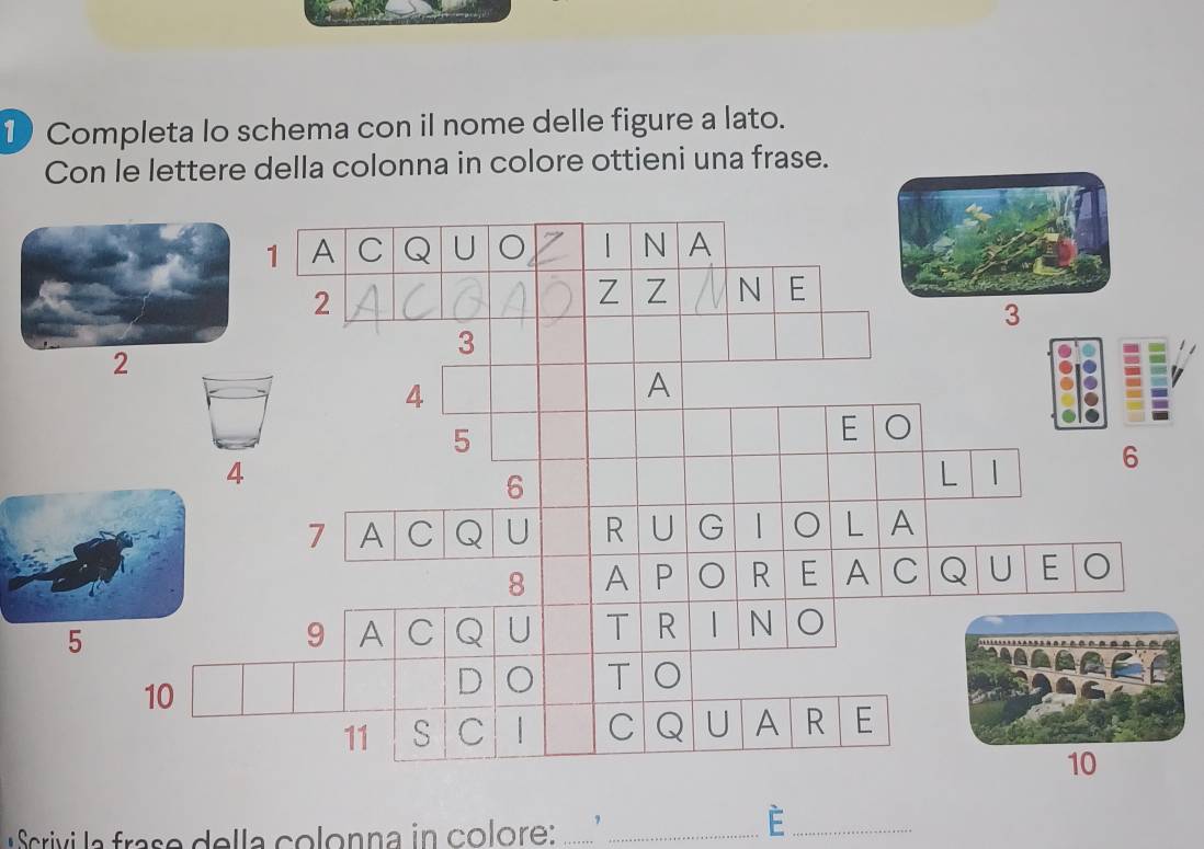 Completa lo schema con il nome delle figure a lato. 
Con le lettere della colonna in colore ottieni una frase. 
* Scrivi la frase della colonna in colore: .......’_ 
_è