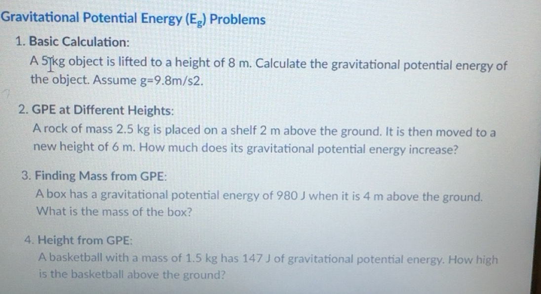 Solved: Gravitational Potential Energy (E_g) Problems 1. Basic ...