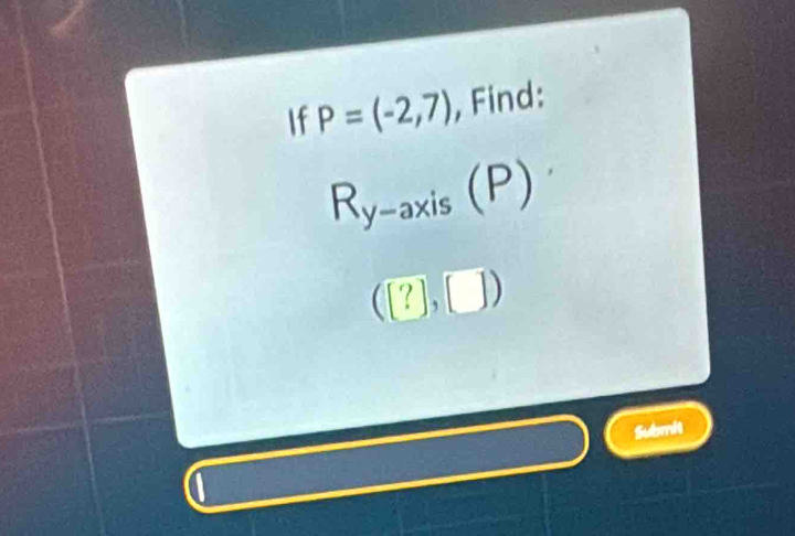 If P=(-2,7) , Find:
R_y-axis(P)
([?],[])
Submit