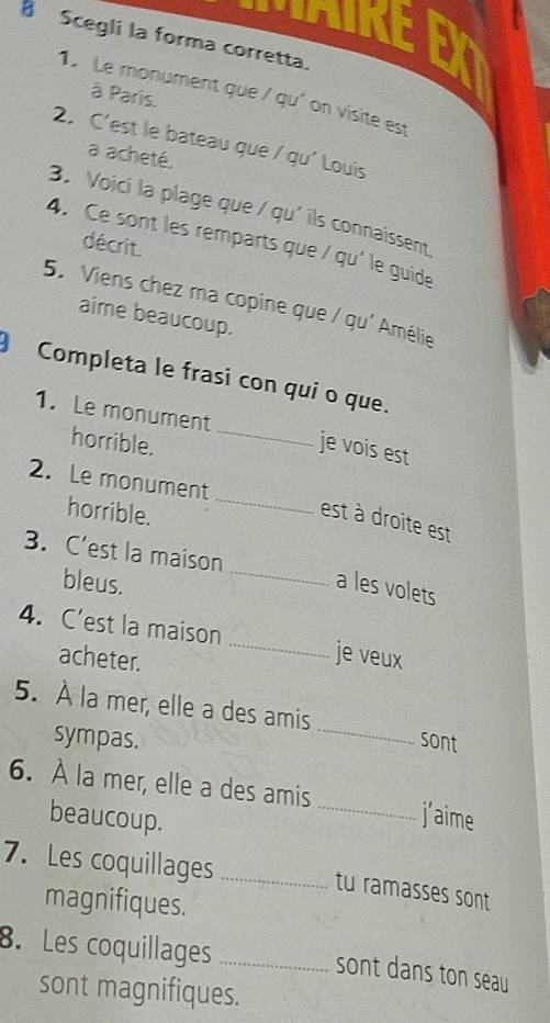 MAIKE EX 
8 Scegli la forma corretta. 
1. Le monument que / qu' on visite est 
à Paris. 
2. C'est le bateau que / qu’ Louis 
a acheté. 
3. Voici la plage que / qu' ils connaissent 
4. Ce sont les remparts que / qu' le guide 
décrit. 
5. Viens chez ma copine que / qu' Amélie 
aime beaucoup. 
Completa le frasi con qui o que. 
1. Le monument _je vois est 
horrible. 
2. Le monument 
horrible._ 
est à droite est 
_ 
3. C’est la maison 
bleus. a les volets 
4. C’est la maison _je veux 
acheter. 
5. À la mer, elle a des amis _sont 
sympas. 
6. À la mer, elle a des amis _j'aime 
beaucoup. 
7. Les coquillages_ 
tu ramasses sont 
magnifiques. 
8. Les coquillages_ 
sont dans ton seau 
sont magnifiques.