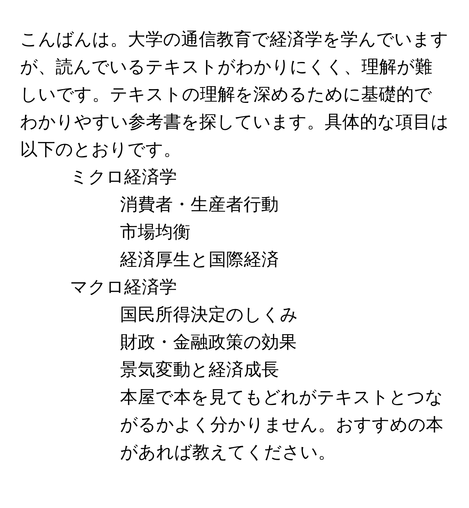 こんばんは。大学の通信教育で経済学を学んでいますが、読んでいるテキストがわかりにくく、理解が難しいです。テキストの理解を深めるために基礎的でわかりやすい参考書を探しています。具体的な項目は以下のとおりです。  
- ミクロ経済学  
- 消費者・生産者行動  
- 市場均衡  
- 経済厚生と国際経済  
- マクロ経済学  
- 国民所得決定のしくみ  
- 財政・金融政策の効果  
- 景気変動と経済成長  
本屋で本を見てもどれがテキストとつながるかよく分かりません。おすすめの本があれば教えてください。