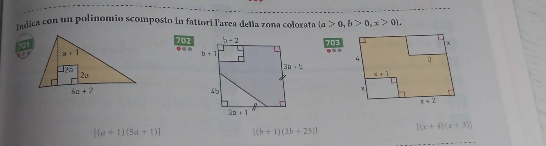 Indica con un polinomio scomposto in fattori larea della zona colorata (a>0,b>0,x>0).
701702703
noe
....
[(a+1)(5a+1)]
[(b+1)(2b+23)]
[(x+4)(x+3)]