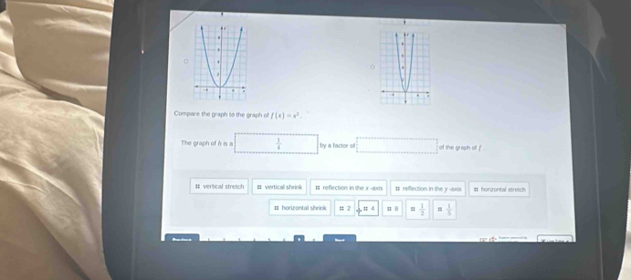 Compare the graph to the graph of f(x)=x^2. 
The graph of h is a  1/4  by a factor of of the grisph off f.
# vertical stretch # vertical shrink π reflection in the . x -axis 1 reffection in the y -axis # honizontal stretch
horizontal shrink # 2 , : 4 π8 #  1/2  =;  1/5 