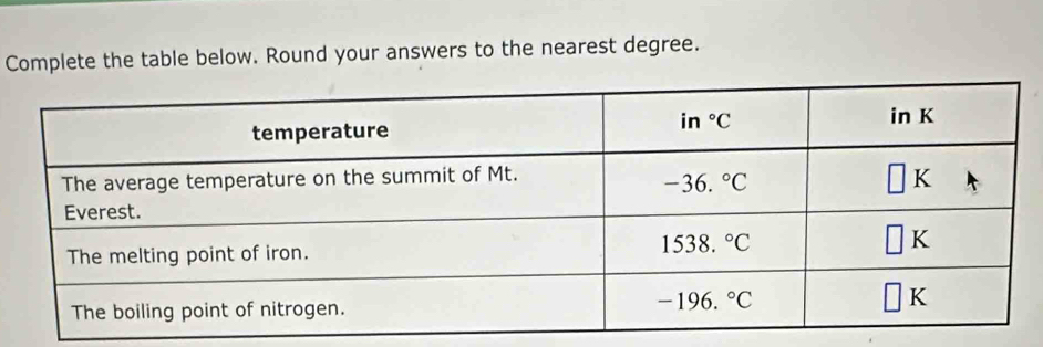 Complete the table below. Round your answers to the nearest degree.