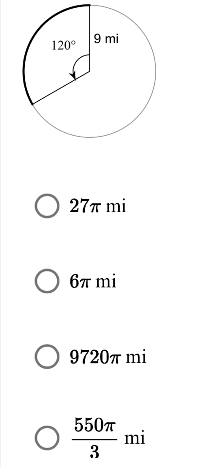 27π mi
6π mi
9720π mi
 550π /3 mi