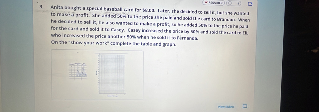 ReQUIRED 4 
3. Anita bought a special baseball card for $8.00. Later, she decided to sell it, but she wanted 
to make a profit. She added 50% to the price she paid and sold the card to Brandon. When 
he decided to sell it, he also wanted to make a profit, so he added 50% to the price he paid 
for the card and sold it to Casey. Casey increased the price by 50% and sold the card to Eli, 
who increased the price another 50% when he sold it to Fernanda. 
On the "show your work" complete the table and graph. 
;: 
View Rubric