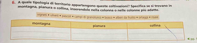 A quale tipologia di territorio appartengono queste coltivazioni? Specifica se si trovano in 
montagna, pianura o collina, inserendole nella colonna o nelle colonne più adatte. 
vigneti • uliveti • pascoli • campi di granoturco • bosco • alberi da frutto • ortaggi • risaie