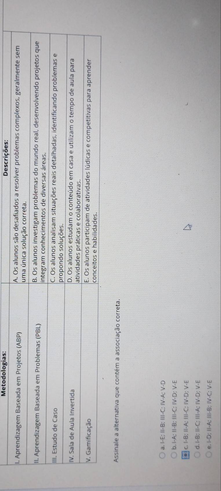 Metodologias: Descrições:
Assinale a alternativa que contém a associação correta.
a. I-E; II-B; III-C; IV-A; V-D
b. I-A; II-B; III-C; IV-D; V-E
c. I-B; II-A; III-C; IV-D; V-E
d. I-B; II-C; III-A; IV-D; V-E
e. I-D; II-A; III-B; IV-C; V-E