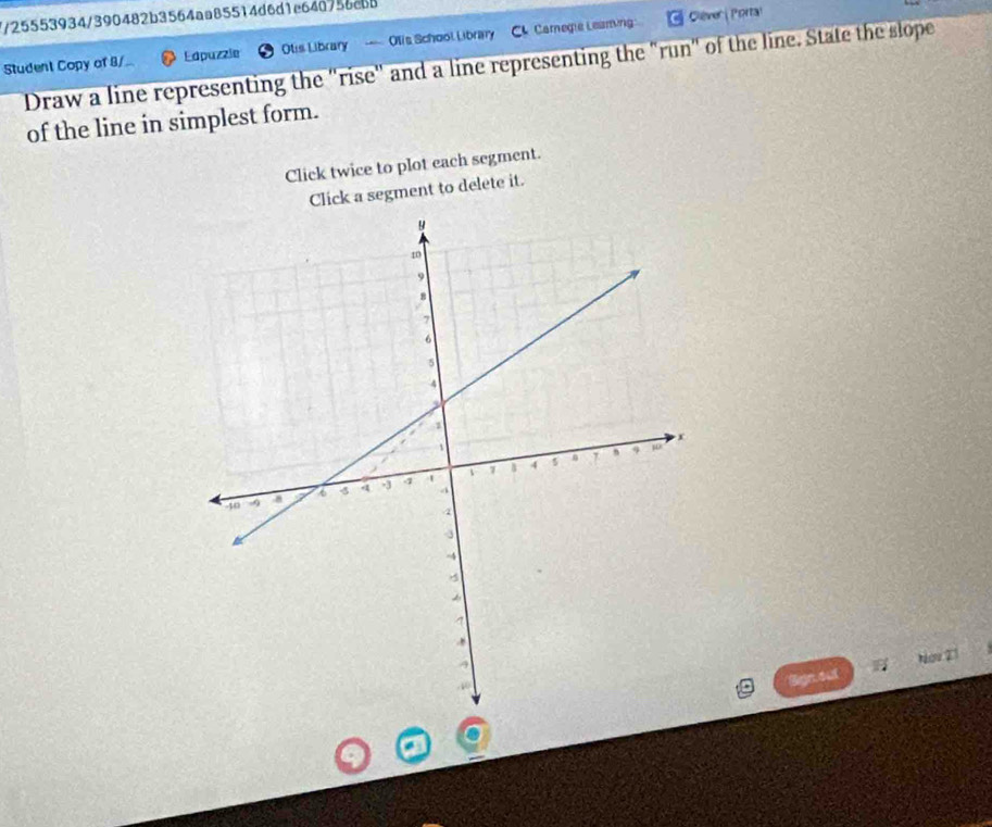 25553934/390482b3564aa85514d6d1e640756cbb 
Edpuzzie Ots Library --- Otis School Library C4 Camegie Leaning Clèver| Porta 
Student Copy of 8/ Draw a line representing the "rise" and a line representing the "run" of the line. State the slope 
of the line in simplest form. 
Click twice to plot each segment. 
Click a segment to delete it. 
Nov 21