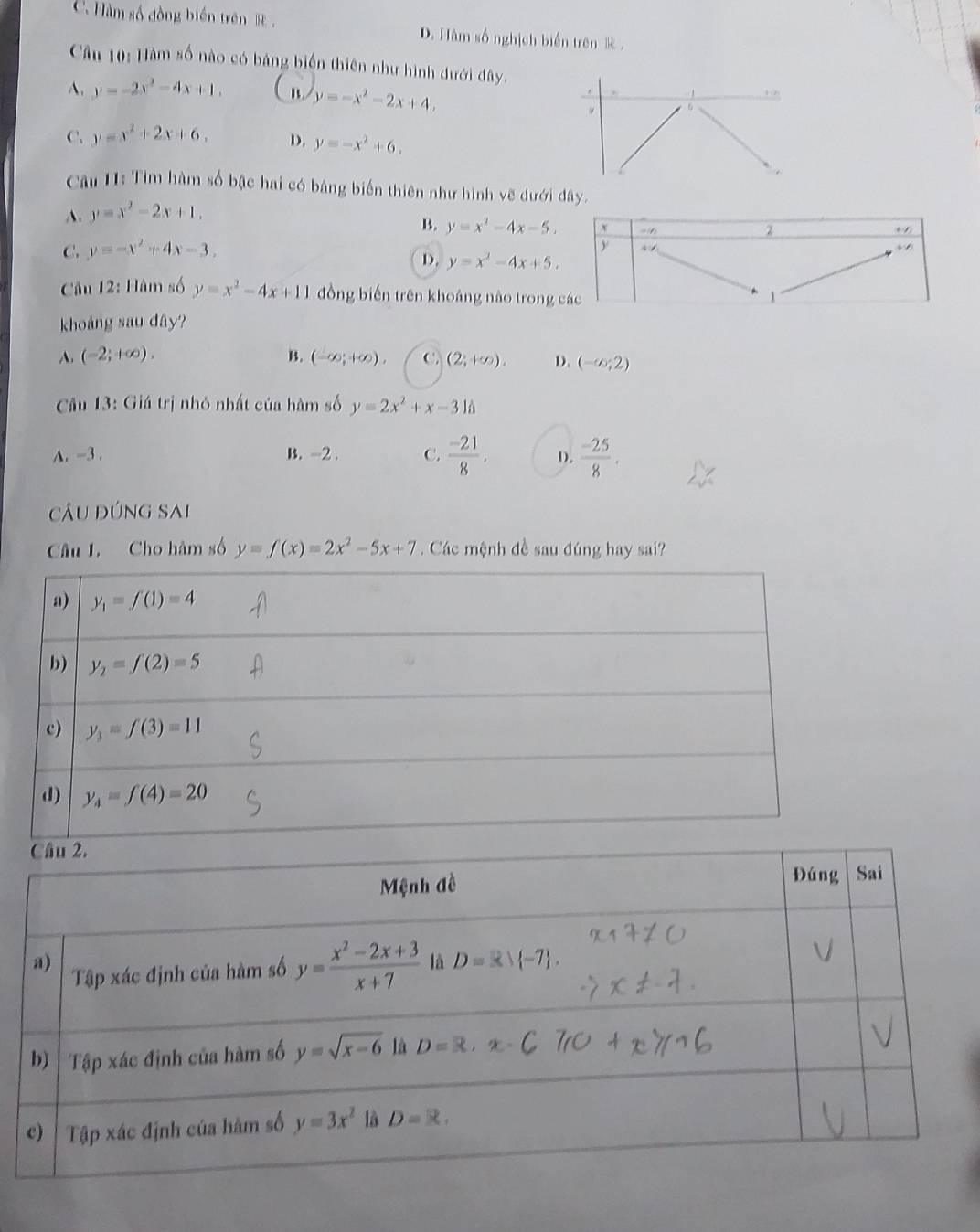 C. Hàm số đồng biến trên D. Hàm số nghịch biến trên  .
Câu 10: Hàm số nào có bảng biến thiên như hình dưới đây.
A. y=-2x^2-4x+1. B. y=-x^2-2x+4,
C. y=x^2+2x+6. D. y=-x^2+6.
Câu 1: Tìm hàm số bậc hai có bảng biến thiên như hình vẽ dưới đây.
A. y=x^2-2x+1.
B. y=x^2-4x-5.
C. y=-x^2+4x-3.
D. y=x^2-4x+5.
Câu 12; Hàm số y=x^2-4x+11 đồng biến trên khoảng nào trong 
khoảng sau đây?
A. (-2;+∈fty ). B. (-∈fty ;+∈fty ), C. (2;+∈fty ). D. (-∈fty ;2)
Cu 13: Giá trị nhỏ nhất của hàm số y=2x^2+x-31hat a
A. -3 . B. -2 . C.  (-21)/8 . D.  (-25)/8 .
câu đúng sai
Câu L. Cho hàm số y=f(x)=2x^2-5x+7. Các mệnh đề sau đúng hay sai?