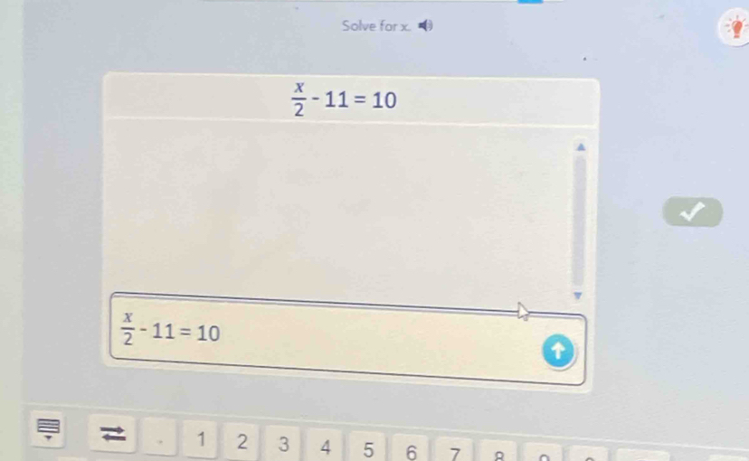 Solve for x.
 x/2 -11=10
 x/2 -11=10
↑ 
. 1 2 3 4 5 6 7 A ^