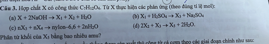 Hợp chất X có công thức C_7H_12O_4. Từ X thực hiện các phản ứng (theo đúng tỉ lệ mol):
(a) X+2NaOHto X_1+X_2+H_2O (b) X_1+H_2SO_4to X_3+Na_2SO_4
(c) nX_3+nX_4to nylon-6,6+2nH_2O (d) 2X_2+X_3to X_5+2H_2O. 
Phân tử khối của Xs bằng bao nhiêu amu?
a xuất thủ cộng từ cá cơm theo các giai đoạn chính như sau: