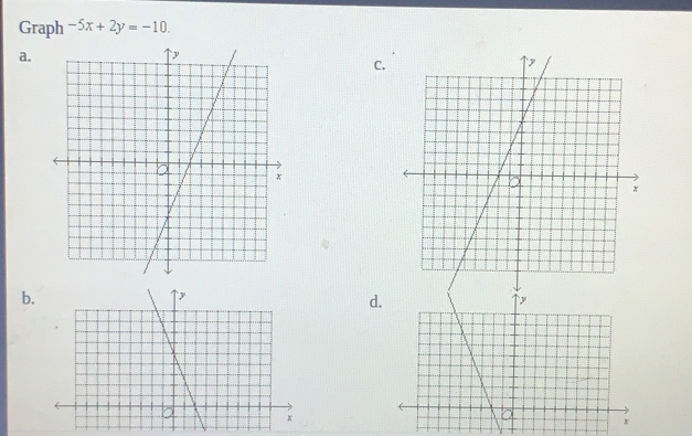 Graph -5x+2y=-10
a.
C.
b.
d.