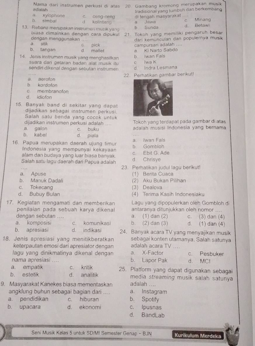 Nama dari instrumen perkusi di atas 20. Gambang kromong merupakan musik
adalah
tradisional yang tumbuh dan berkemban
a xyiophone c. ceng-ceng di tengah masyarakat
b simbal d kolintang a Jawa c. Minang
13. Rebana merupakan instrumen musik yang b. Sunda d. Betawi
biasa dimainkan dengan cara dipukul 21. Tokoh yang memiliki pengaruh besar
dengan menggunakan dari kemunculan dan populernya musik
a. stik c pick campursari adalah ....
b. tangan d mallet a. Ki Narto Sabdo
14. Jenis instrumen musik yang menghasilkan b. Iwan Fals
suara dari getaran badan alat musik itu c lwa K
sendiri dikenal dengan sebutan instrumen d. Indra Lesmana
a aerofon 22. Perhatikan gambar berikut!
b. kordofon
c. membranofon
d. idiofon
15. Banyak band di sekitar yang dapat
dijadikan sebagai instrumen perkusi.
Salah satu benda yang cocok untuk
dijadikan instrumen perkusi adalah .... Tokoh yang terdapat pada gambar di atas
a galon c. buku adalah musisi Indonesia yang bernama
b. kabel d piala
16. Papua merupakan daerah ujung timur b. Gombloh a. Iwan Fals
Indonesia yang mempunyai kekayaan
alam dan budaya yang luar biasa banyak. c. Ebit G. Ade
Salah satu lagu daerah dari Papua adalah d Chrisye
23. Perhatikan judul lagu berikut!
a. Apuse (1) Berita Cuaca
b. Manuk Dadali (2) Aku Bukan Pilihan
c. Tokecang (3) Dealova
d. Bubuy Bulan (4) Terima Kasih Indonesiaku
17. Kegiatan mengamati dan memberikan Lagu yang dipopulerkan oleh Gombloh di
penilaian pada sebuah karya dikenal antaranya ditunjukkan oleh nomor ....
dengan sebutan .... a. (1) dan (2) c. (3) dan (4)
a. komposisi c. komunikasi b. (2) dan (3) d. (1) dan (4)
b. apresiasi d. indikasi 24. Banyak acara TV yang menyajikan musik
18. Jenis apresiasi yang menitikberatkan sebagai konten utamanya. Salah satunya
keterpautan emosi dari apresiator dengan adalah acara TV ....
lagu yang dinikmatinya dikenal dengan a. X-Factor c. Pesbuker
nama apresiasi .... b. Lapor Pak d. MCl
a. empatik c. kritik 25. Platform yang dapat digunakan sebagai
b. estetik d. analitik media streaming musik salah satunya
9. Masyarakat Kanekes biasa mementaskan adalah ....
angklung buhun sebagai bagian dari .... a. Instagram
a. pendidikan c. hiburan b. Spotify
b. upacara d. ekonomi c. Ipusnas
d. BandLab
Seni Musik Kelas 5 untuk SD/MI Semester Genap - BJN Kurikulum Merdeka