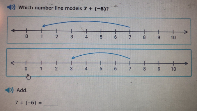 Which number line models 7+(-6) ? 
Add.
7+(-6)=□