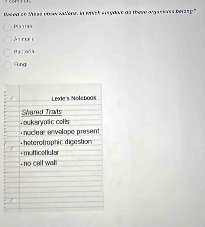 in common.
Based on these observations, in which kingdom do these organisms belong?
Plantae
Animalia
Bacteria
Fungi