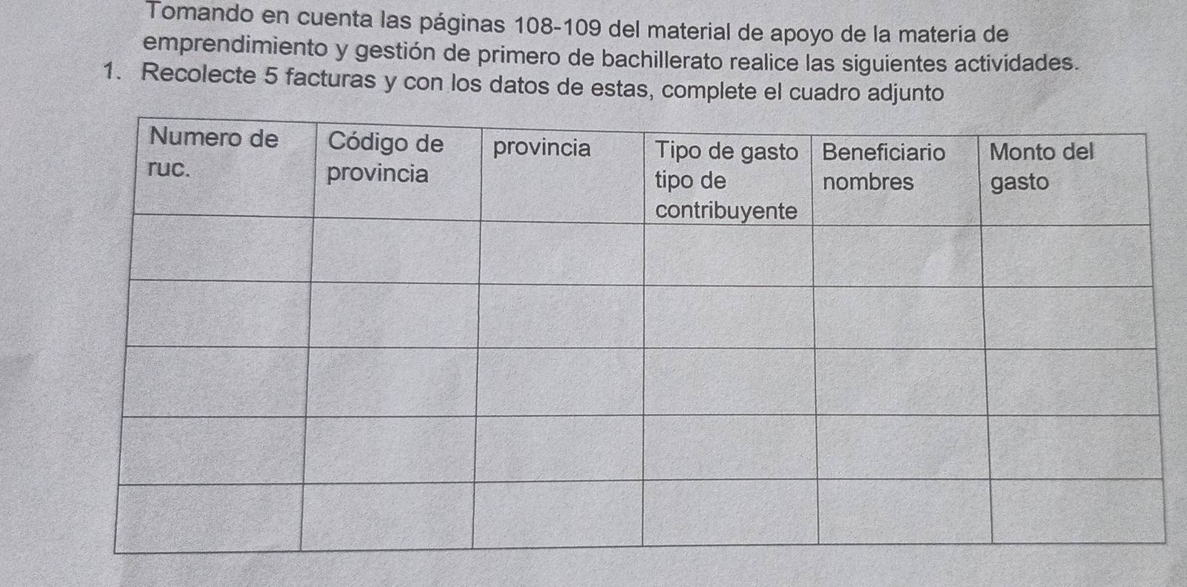 Tomando en cuenta las páginas 108-109 del material de apoyo de la materia de 
emprendimiento y gestión de primero de bachillerato realice las siguientes actividades. 
1. Recolecte 5 facturas y con los datos de estas, complete el cuadro adjunto