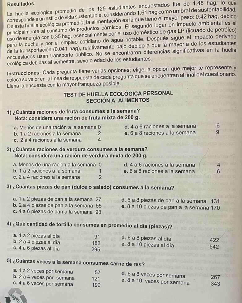 Resultados
La huella ecológica promedio de los 125 estudiantes encuestados fue de 1.48 hag, lo que
corresponde a un estilo de vida sustentable, considerando 1.61 hag como umbral de sustentabilidad.
De esta huella ecológica promedio, la alimentación es la que tiene el mayor peso: 0.42 hag, debido
principalmente al consumo de productos cárnicos. El segundo lugar en impacto ambiental es el
uso de energía con 0.35 hag, esencialmente por el uso doméstico de gas LP (licuado de petróleo)
para la ducha y por el empleo cotidiano de agua potable. Después sigue el impacto derivado
de la transportación (0.041 hag), relativamente bajo debido a que la mayoría de los estudiantes
encuestados usan transporte público. No se encontraron diferencias significativas en la huella
ecológica debidas al semestre, sexo o edad de los estudiantes.
Instrucciones: Cada pregunta tiene varias opciones; elige la opción que mejor te represente y
coloca su valor en la línea de respuesta de cada pregunta que se encuentran al final del cuestionario.
Llena la encuesta con la mayor franqueza posible.
TEST DE HUELLA ECOLÓGICA PERSONAL
SECCIÓN A: ALIMENTOS
1) ¿Cuántas raciones de fruta consumes a la semana?
Nota: considera una ración de fruta mixta de 200 g.
a. Menos de una ración a la semana 0 d. 4 a 6 raciones a la semana 6
b. 1 a 2 raciones a la semana 2 e. 6 a 8 raciones a la semana 9
c. 2 a 4 raciones a la semana 4
2) ¿Cuántas raciones de verdura consumes a la semana?
Nota: considera una ración de verdura mixta de 200 g.
a. Menos de una ración a la semana 0 d. 4 a 6 raciones a la semana 4
b. 1 a 2 raciones a la semana 1 e. 6 a 8 raciones a la semana 6
c. 2 a 4 raciones a la semana 2
3) ¿Cuántas piezas de pan (dulce o salado) consumes a la semana?
a. 1 a 2 piezas de pan a la semana 27 d. 6 a 8 piezas de pan a la semana 131
b. 2 a 4 piezas de pan a la semana 55 e. 8 a 10 piezas de pan a la semana 170
c. 4 a 6 piezas de pan a la semana 93
4) ¿Qué cantidad de tortilla consumes en promedio al día (piezas)?
a. 1 a 2 piezas al día 91 d. 6 a 8 piezas al día 422
b. 2 a 4 piezas al día 182 e. 8 a 10 piezas al día
c. 4 a 6 piezas al día 295 542
5) ¿Cuántas veces a la semana consumes carne de res?
a. 1 a 2 veces por semana 57 d. 6 a 8 veces por semana 267
b. 2 a 4 veces por semana 121 e. 8 a 10 veces por semana
c. 4 a 6 veces por semana 190 343