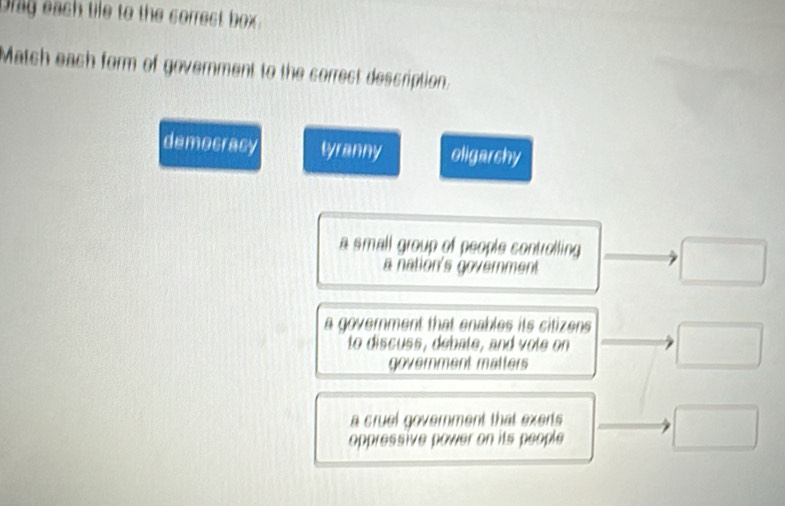 rag each tile to the correct box 
Matsh eash form of government to the sorrest description.
democracy tyranny oligarshy
a small group of people sontrolling □
a nation's government
a government that enables its citizens
to discuss, debate, and vote on □
government matters
a cruel government that exerts 
oppressive power on its people
□